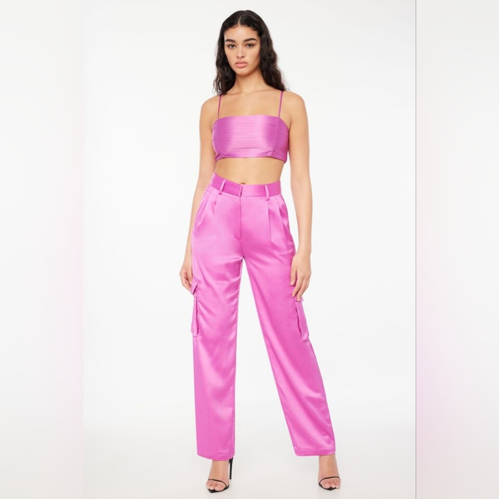 Dynamite Izabel Satin Classy Cargo Meadow Mauve Purple Straight Leg Pants 10 NWT